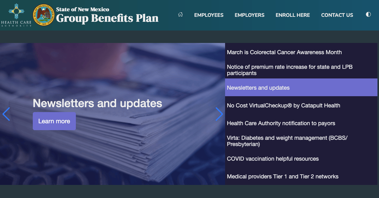 MyBenefitsNM home page in dark theme