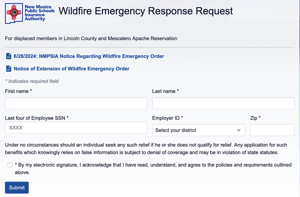 The wildfire HTML form on the NMPSIA website