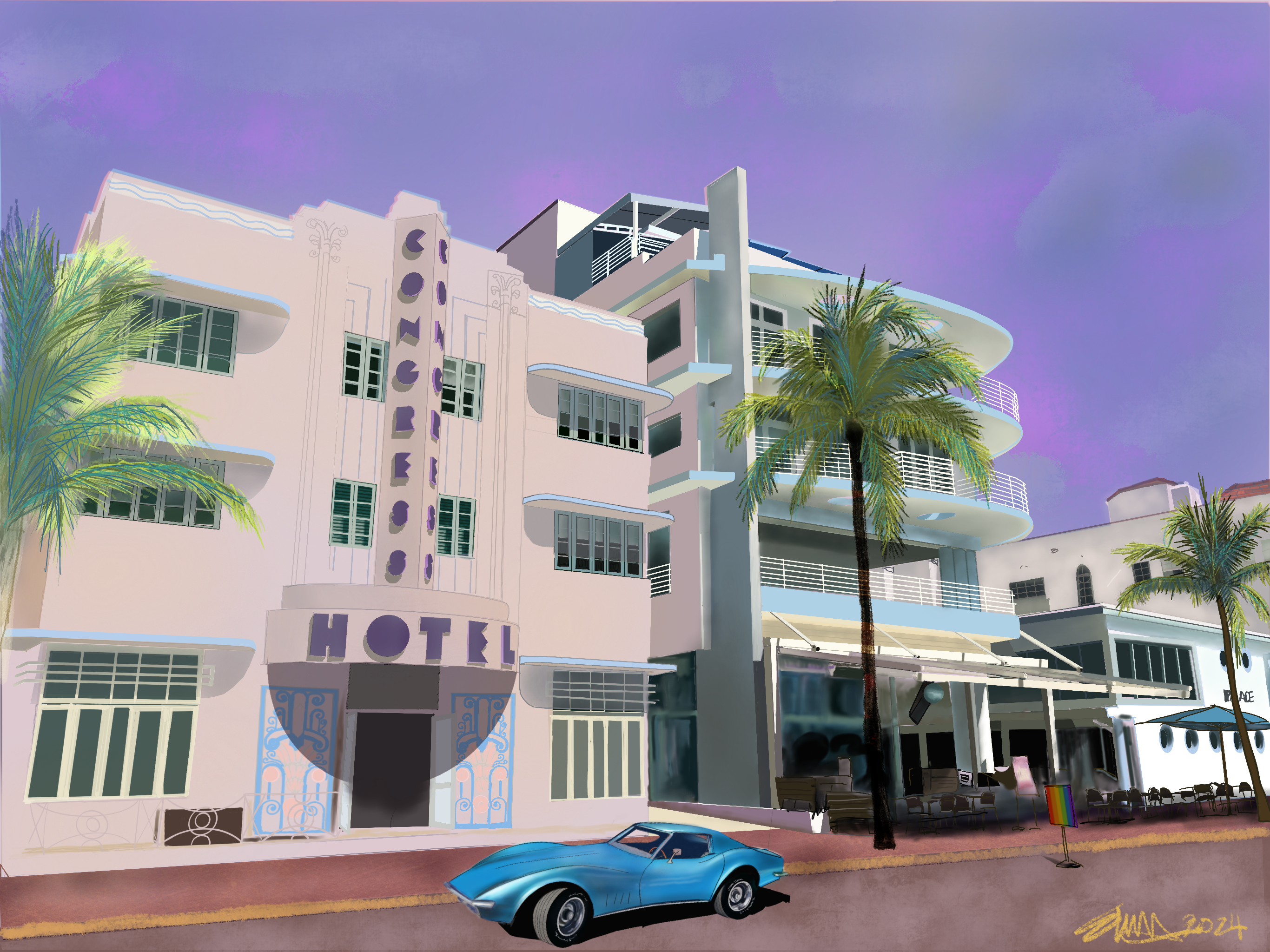 Congress Hotel on Ocean Drive (2024); Procreate on iPad